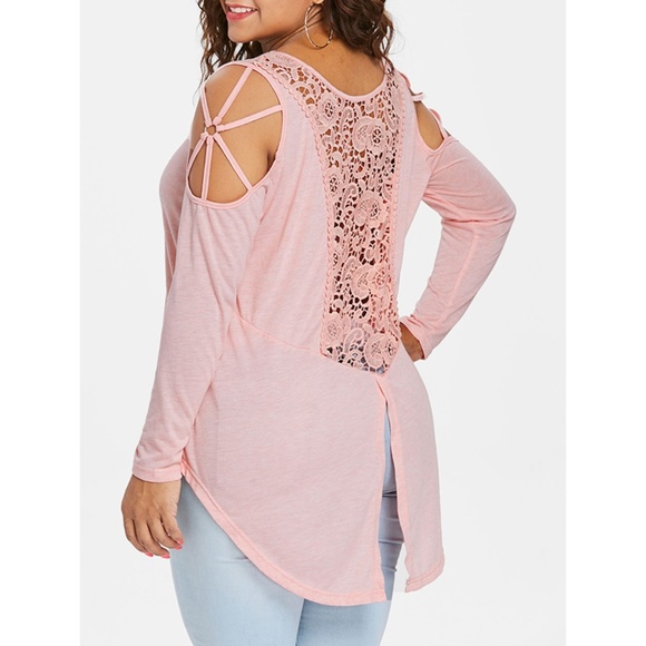 Rosegal for Curves Collection Tops - Plus Size Light Pink Cutwork Lace Insert T-shirt